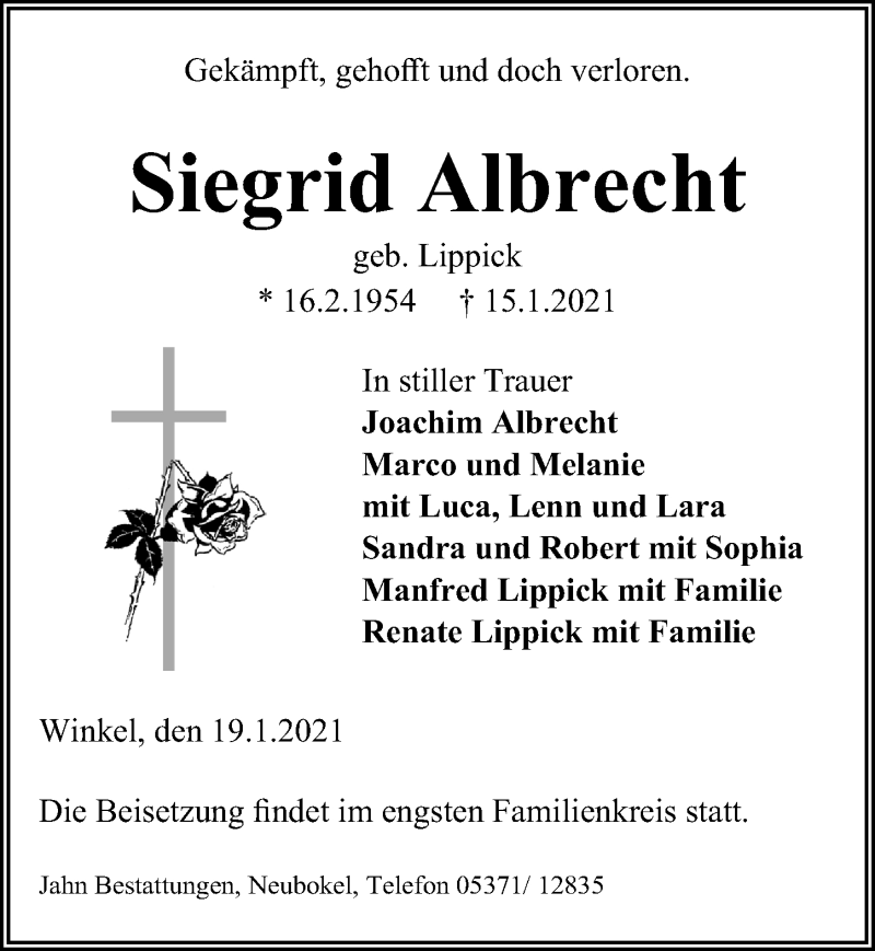  Traueranzeige für Siegrid Albrecht vom 19.01.2021 aus Aller Zeitung