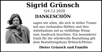 Traueranzeige von Sigrid Grünsch von Aller Zeitung