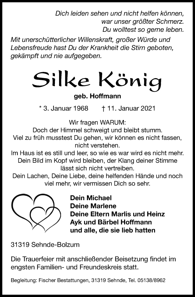  Traueranzeige für Silke König vom 16.01.2021 aus Hannoversche Allgemeine Zeitung/Neue Presse