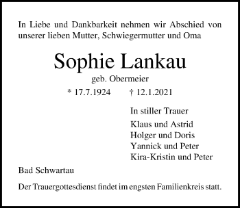 Traueranzeige von Sophie Lankau von Lübecker Nachrichten