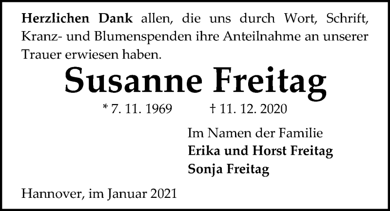  Traueranzeige für Susanne Freitag vom 16.01.2021 aus Hannoversche Allgemeine Zeitung/Neue Presse