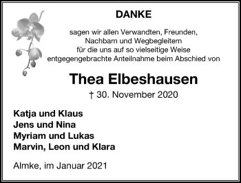 Traueranzeige von Thea Elbeshausen von Aller Zeitung
