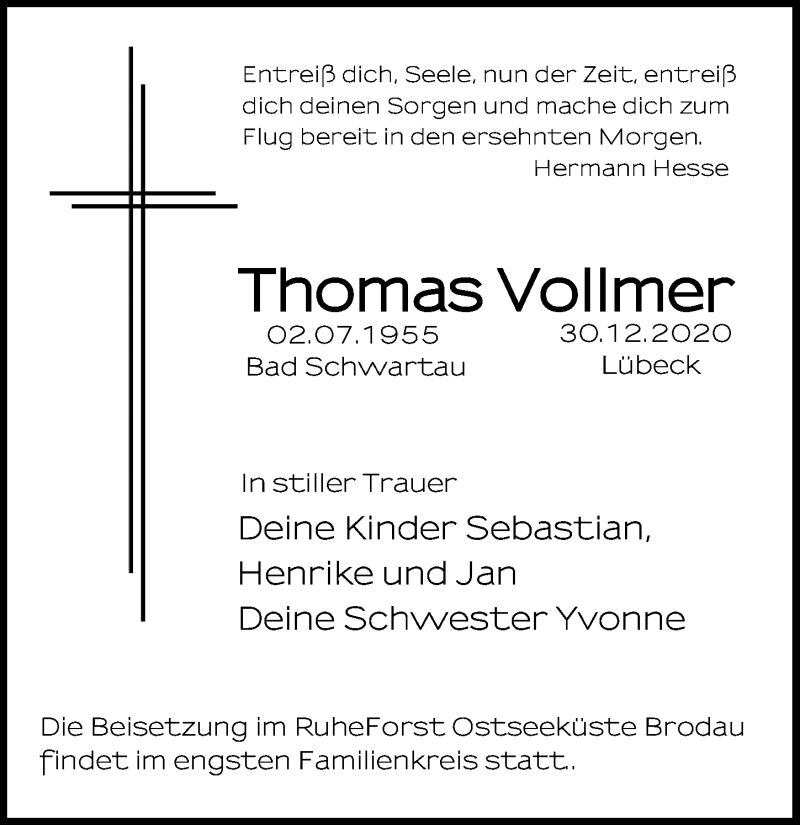  Traueranzeige für Thomas Vollmer vom 17.01.2021 aus Lübecker Nachrichten