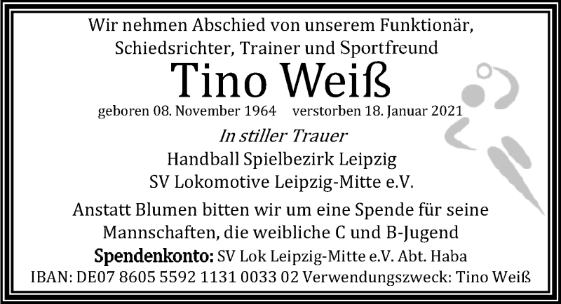  Traueranzeige für Tino Weiß vom 23.01.2021 aus Leipziger Volkszeitung