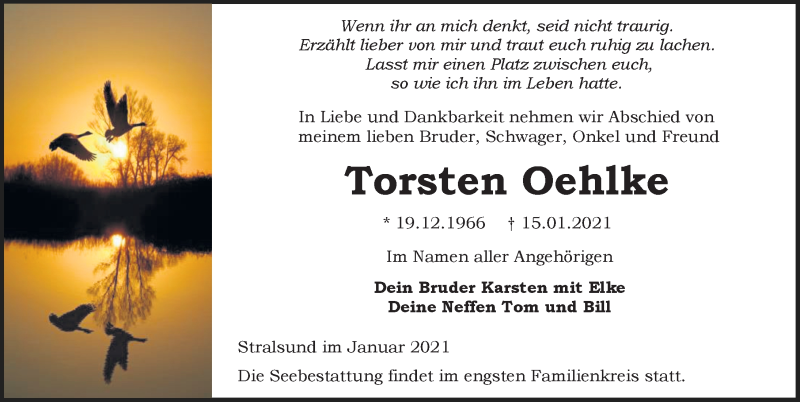 Traueranzeige für Torsten Oehlke vom 23.01.2021 aus Ostsee-Zeitung GmbH