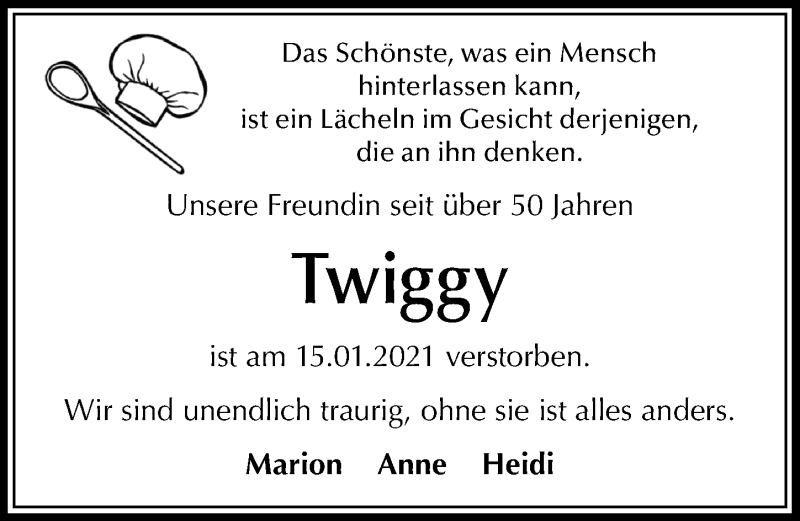  Traueranzeige für Twiggy  vom 19.01.2021 aus Aller Zeitung