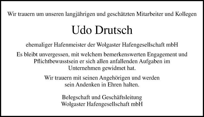  Traueranzeige für Udo Drutsch vom 09.01.2021 aus Ostsee-Zeitung GmbH