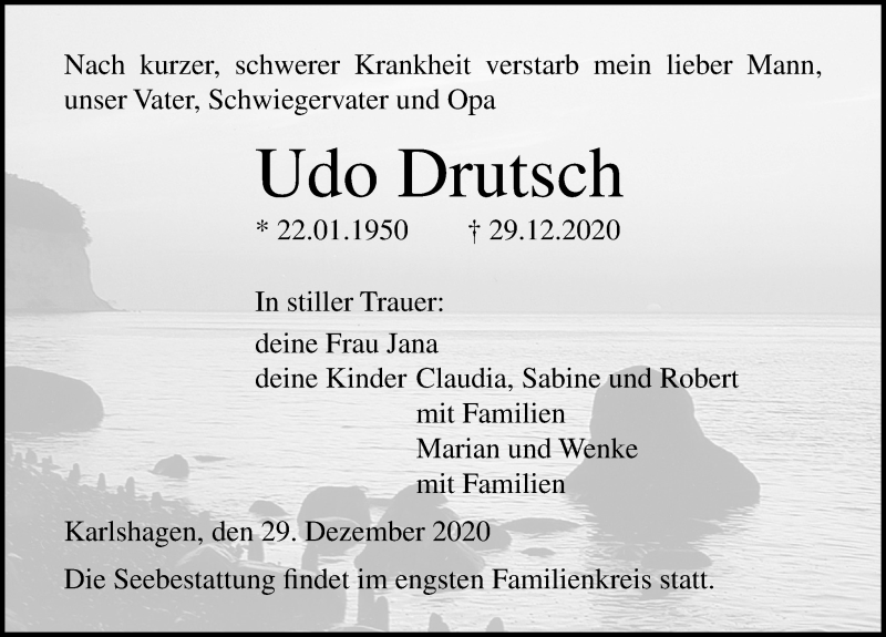  Traueranzeige für Udo Drutsch vom 09.01.2021 aus Ostsee-Zeitung GmbH
