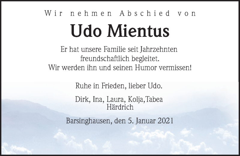  Traueranzeige für Udo Mientus vom 05.01.2021 aus Hannoversche Allgemeine Zeitung/Neue Presse