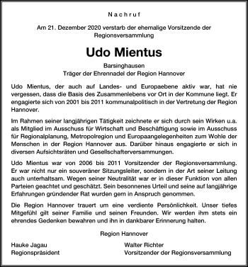 Traueranzeige von Udo Mientus von Hannoversche Allgemeine Zeitung/Neue Presse