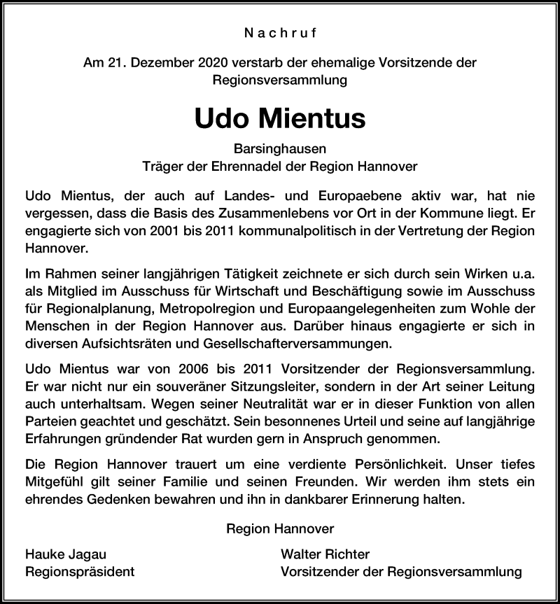  Traueranzeige für Udo Mientus vom 09.01.2021 aus Hannoversche Allgemeine Zeitung/Neue Presse