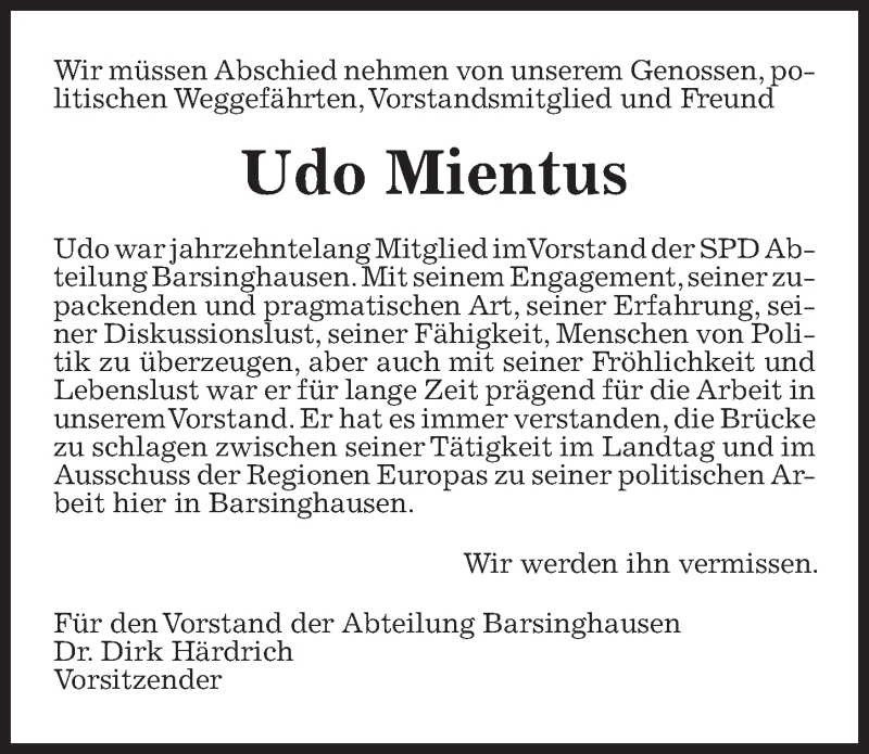  Traueranzeige für Udo Mientus vom 02.01.2021 aus Hannoversche Allgemeine Zeitung/Neue Presse