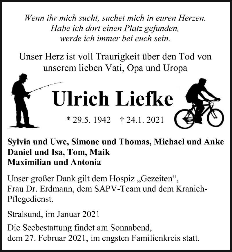  Traueranzeige für Ulrich Liefke vom 30.01.2021 aus Ostsee-Zeitung GmbH