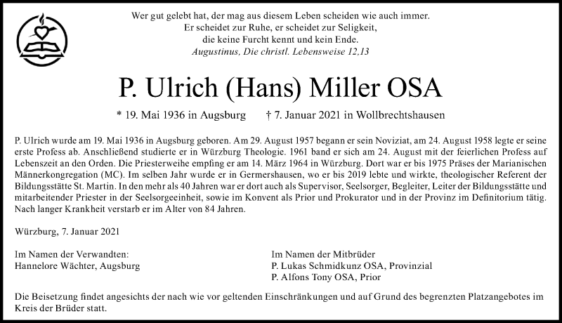  Traueranzeige für Ulrich Miller vom 13.01.2021 aus Eichsfelder Tageblatt
