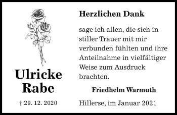 Traueranzeige von Ulricke Rabe von Aller Zeitung