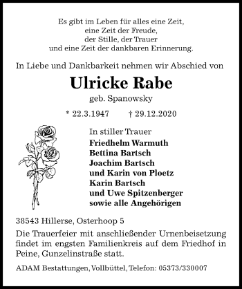 Traueranzeige von Ulricke Rabe von Aller Zeitung