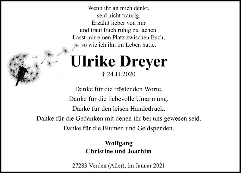  Traueranzeige für Ulrike Dreyer vom 30.01.2021 aus Schaumburger Nachrichten