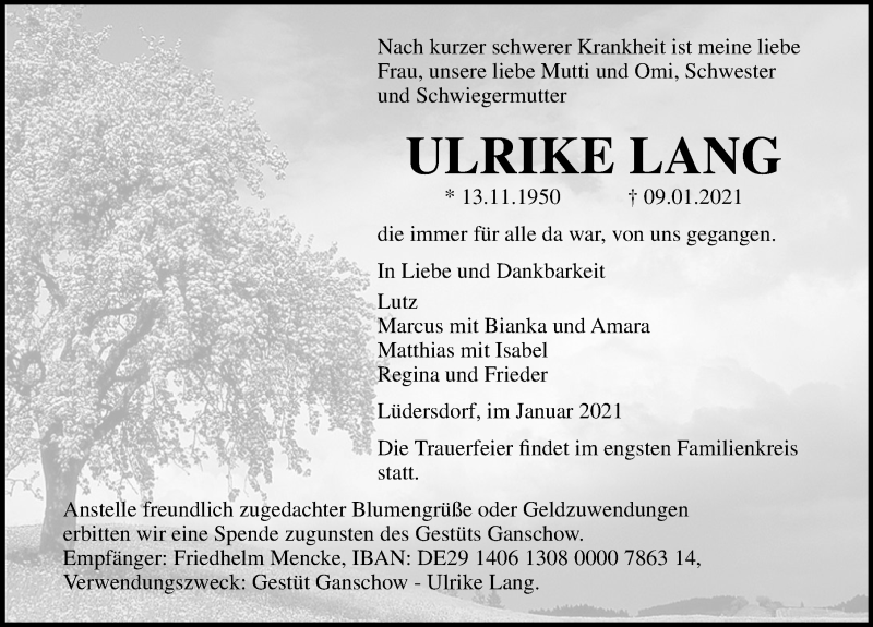  Traueranzeige für Ulrike Lang vom 19.01.2021 aus Ostsee-Zeitung GmbH