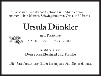 Traueranzeige von Ursula Dünkler von Märkischen Allgemeine Zeitung