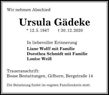 Traueranzeige von Ursula Gädeke von Aller Zeitung