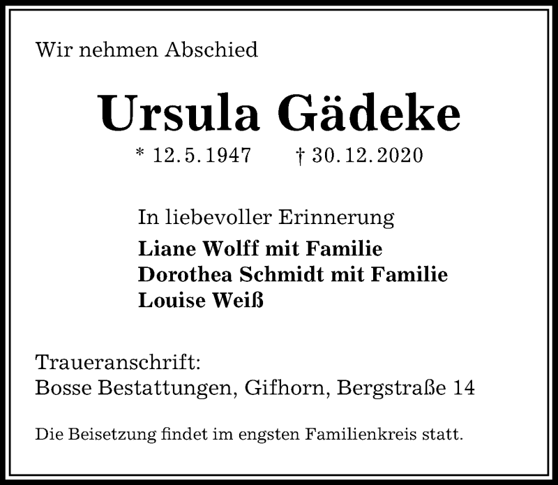  Traueranzeige für Ursula Gädeke vom 13.01.2021 aus Aller Zeitung