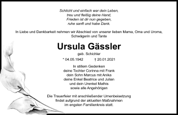 Traueranzeige von Ursula Gässler von Märkischen Allgemeine Zeitung