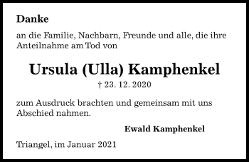 Traueranzeige von Ursula  Kamphenkel von Aller Zeitung