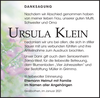 Traueranzeige von Ursula Klein von Leipziger Volkszeitung