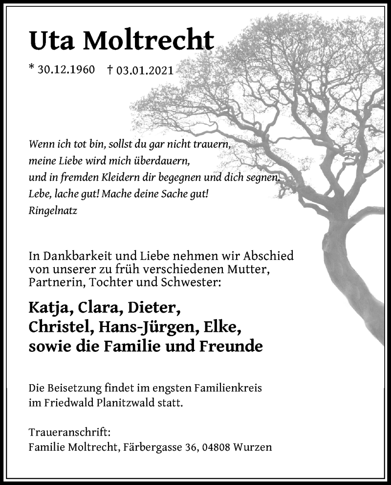  Traueranzeige für Uta Moltrecht vom 13.01.2021 aus Leipziger Volkszeitung