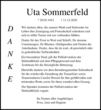 Traueranzeige von Uta Sommerfeld von Ostsee-Zeitung GmbH