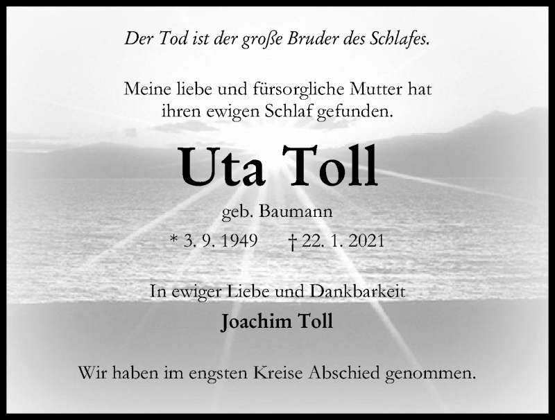  Traueranzeige für Uta Toll vom 30.01.2021 aus Kieler Nachrichten