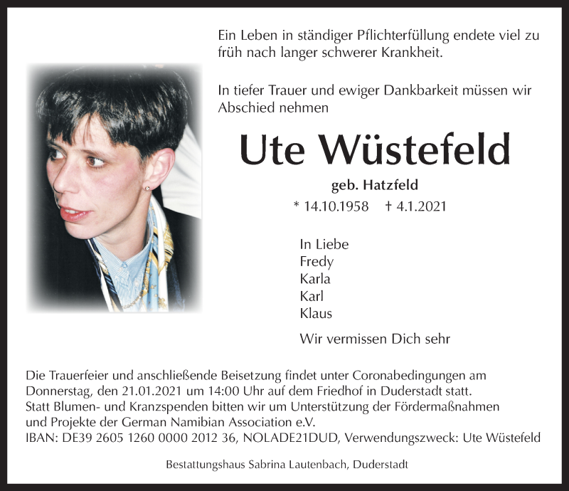  Traueranzeige für Ute Wüstefeld vom 09.01.2021 aus Eichsfelder Tageblatt