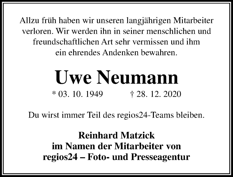  Traueranzeige für Uwe Neumann vom 06.01.2021 aus Aller Zeitung