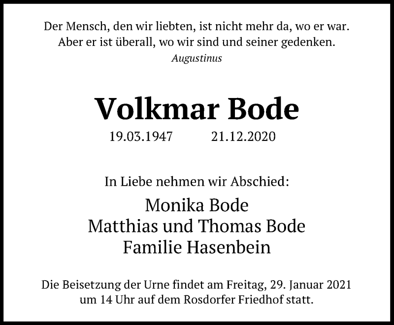  Traueranzeige für Volkmar Bode vom 23.01.2021 aus Göttinger Tageblatt