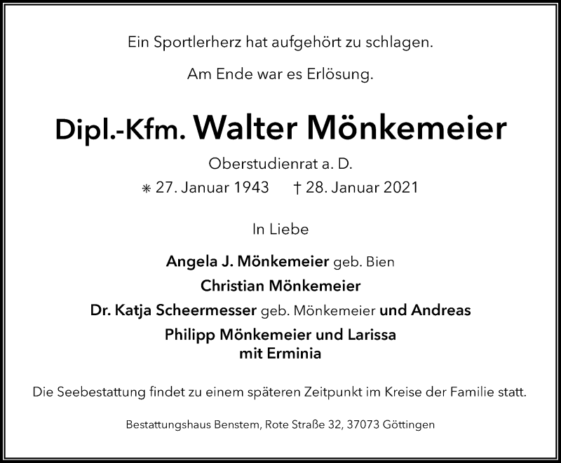  Traueranzeige für Walter Mönkemeier vom 30.01.2021 aus Göttinger Tageblatt