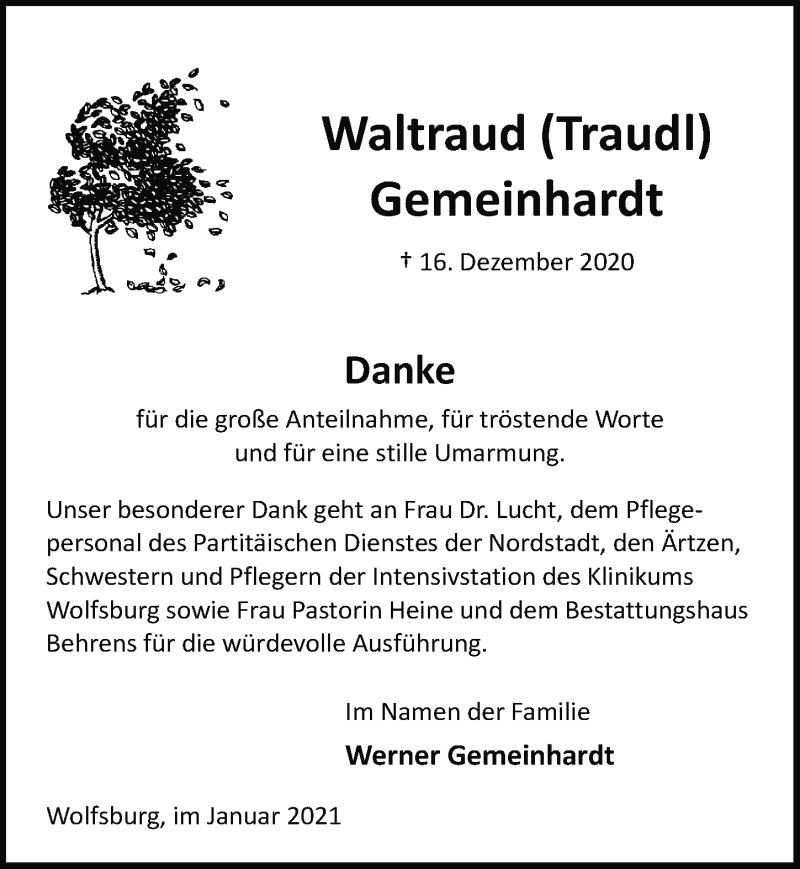  Traueranzeige für Waltraud Gemeinhardt vom 09.01.2021 aus Aller Zeitung