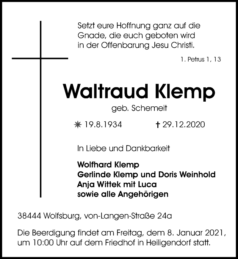  Traueranzeige für Waltraud Klemp vom 07.01.2021 aus Aller Zeitung
