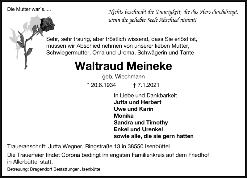  Traueranzeige für Waltraud Meineke vom 16.01.2021 aus Aller Zeitung