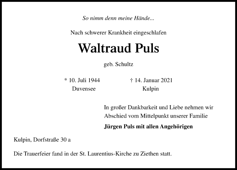  Traueranzeige für Waltraud Puls vom 23.01.2021 aus Lübecker Nachrichten