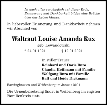 Traueranzeige von Waltraut Louise Amanda Rux von Hannoversche Allgemeine Zeitung/Neue Presse