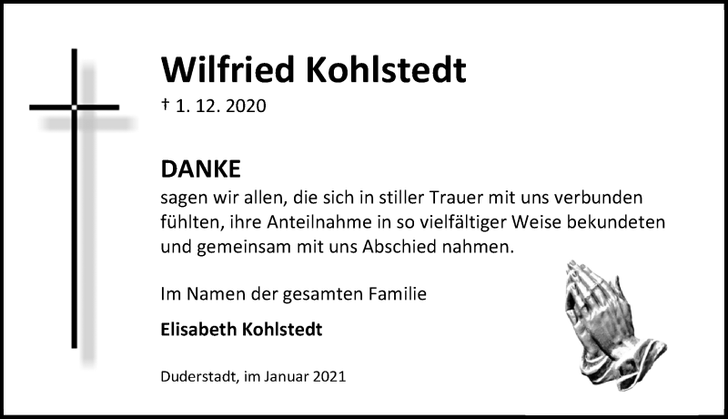  Traueranzeige für Wilfried Kohlstedt vom 09.01.2021 aus Eichsfelder Tageblatt