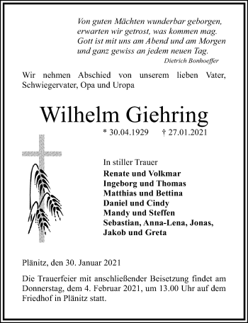 Traueranzeige von Wilhelm Giehring