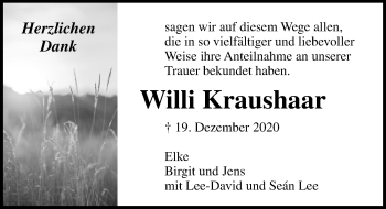 Traueranzeige von Willi Kraushaar von Lübecker Nachrichten