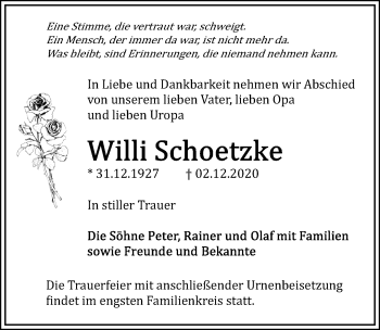 Traueranzeige von Willi Schoetzke von Märkischen Allgemeine Zeitung