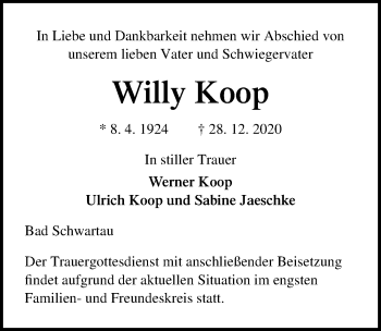 Traueranzeige von Willy Koop von Lübecker Nachrichten