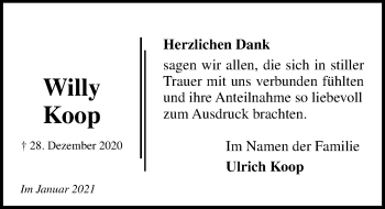 Traueranzeige von Willy Koop von Lübecker Nachrichten