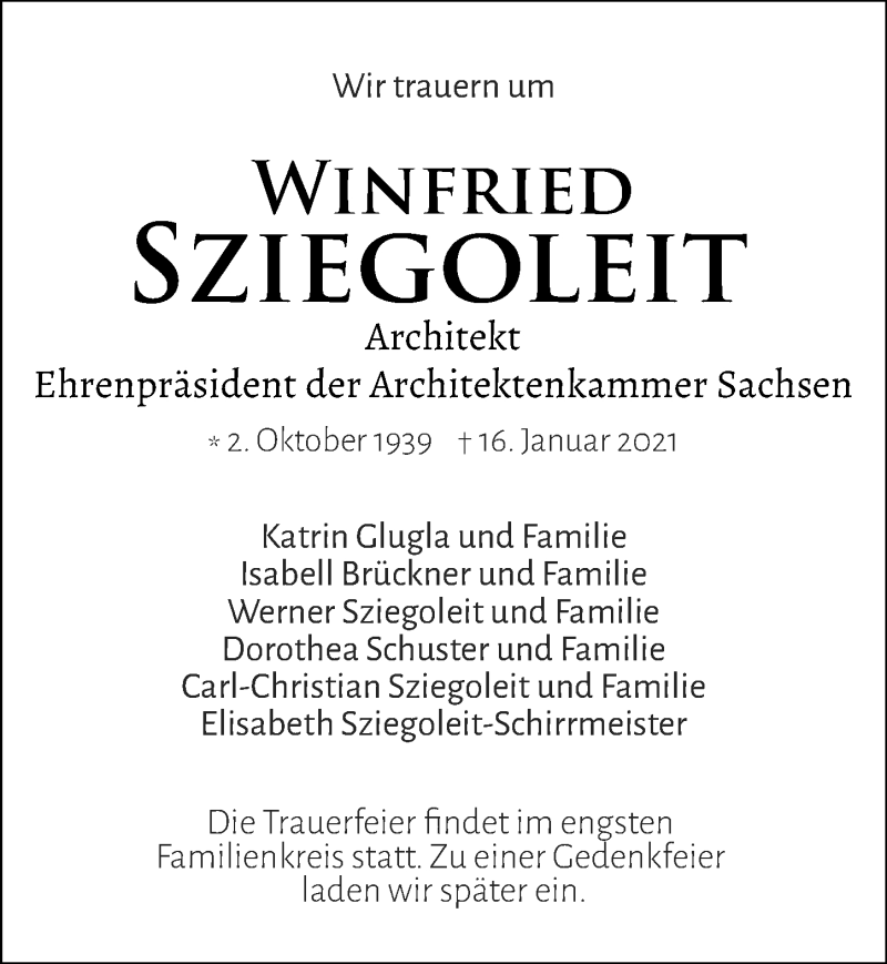  Traueranzeige für Winfried Sziegoleit vom 23.01.2021 aus Leipziger Volkszeitung