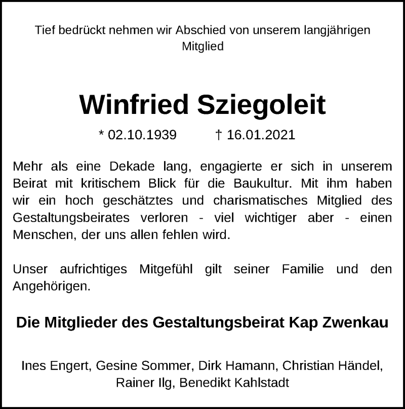  Traueranzeige für Winfried Sziegoleit vom 30.01.2021 aus Leipziger Volkszeitung