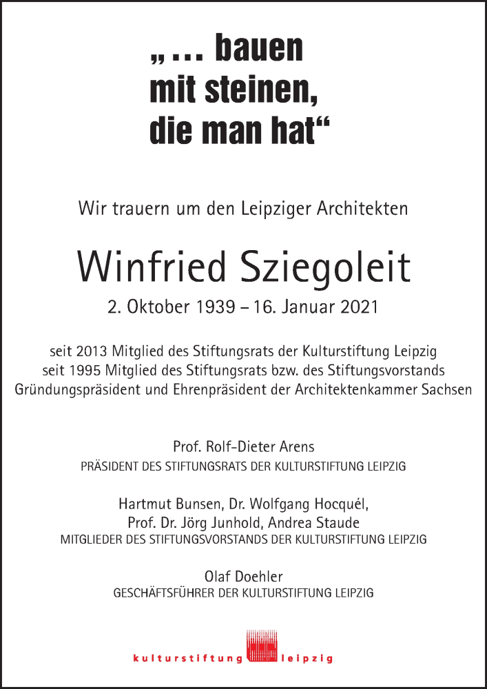  Traueranzeige für Winfried Sziegoleit vom 22.01.2021 aus Leipziger Volkszeitung