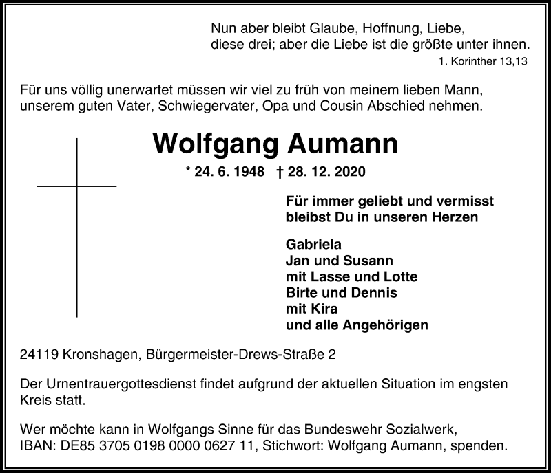  Traueranzeige für Wolfgang Aumann vom 02.01.2021 aus Kieler Nachrichten